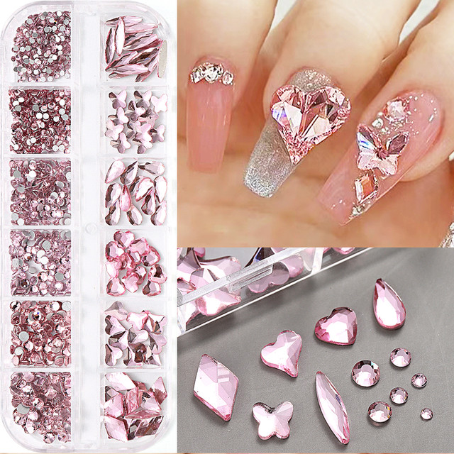 12Grids 3D Pink Crystal Nail Art Rhinestones Irregular Heart Star Diamond  Beads Korean Manicure Nail Parts For Salon GL12G-XC01 - AliExpress